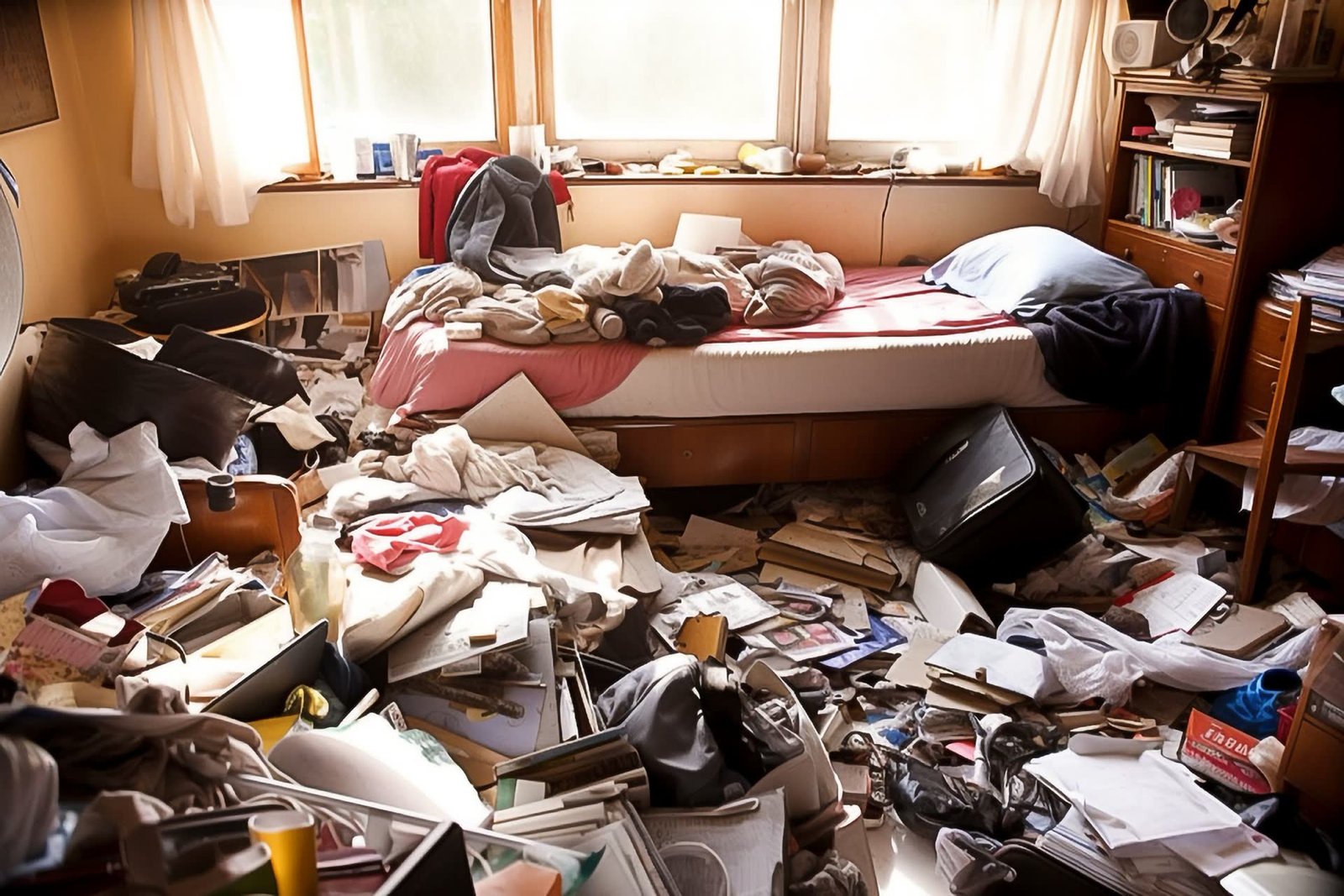 Bedroom floor covered with clothing, papers and belongings before a hoarding cleanup